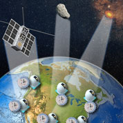 Illustration of Comb-enabled High Angular ResoLution Imaging concept showing communication between the satellites and planet Earth