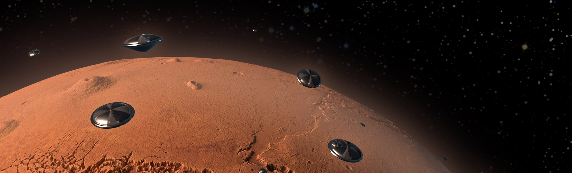 Illustration depicting dozens of spacecrafts exploring the surface of Mars