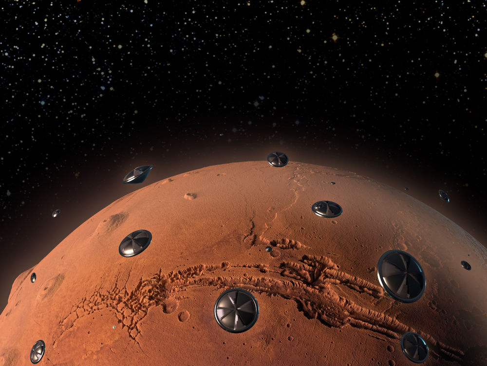 Illustration depicting dozens of spacecrafts exploring the surface of Mars