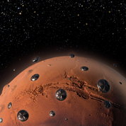 Illustration of dozens of spacecrafts exploring the surface of Mars