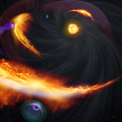 Solar system with particle winds emanating from sun and interacting with planetary fields