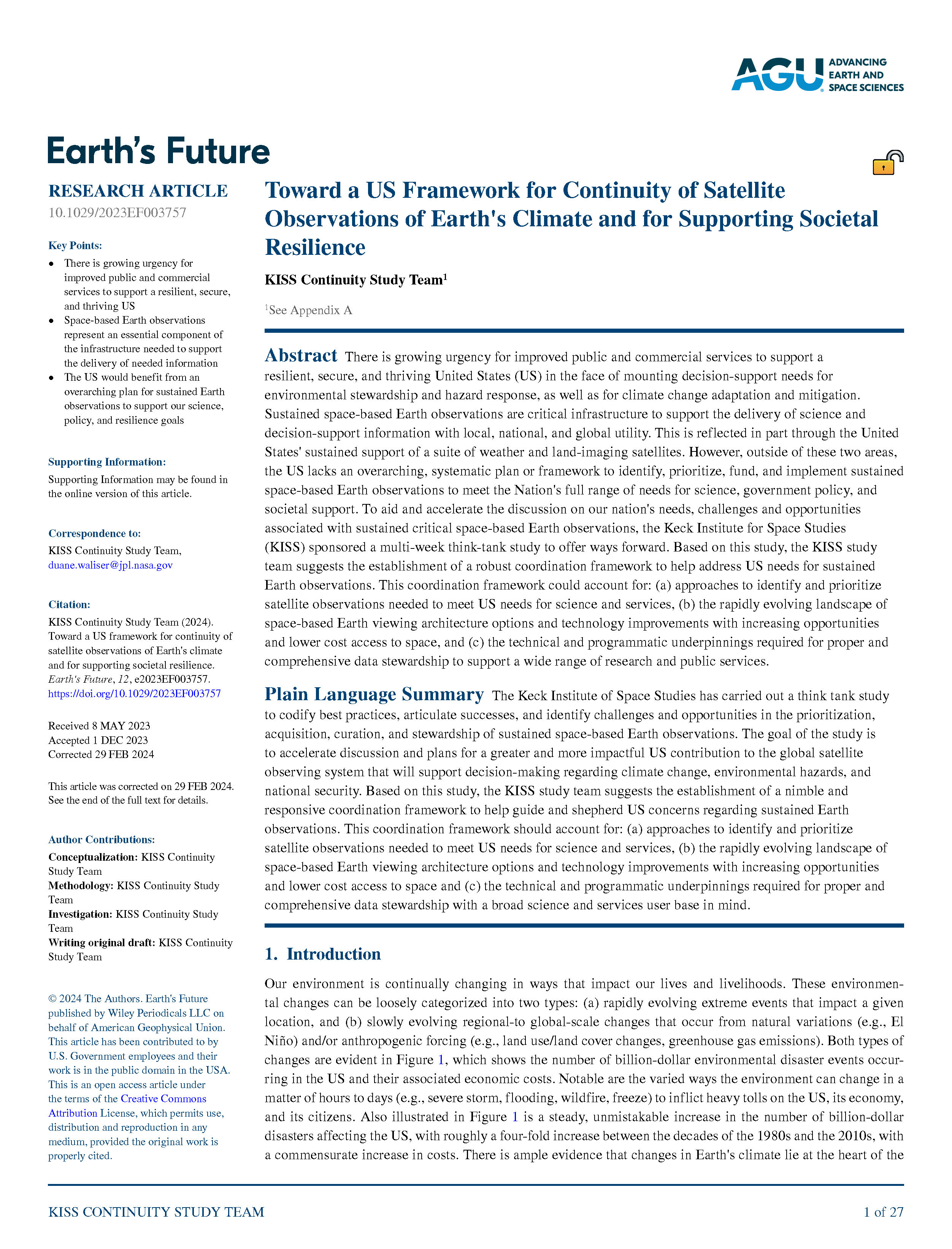 Towards a US Framework for Continuity of Satellite Observations of Earth’s Climate and for Supporting Societal Resilience