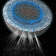 Illustration of electrospray thrusters on a solar-powered exploration vehicle