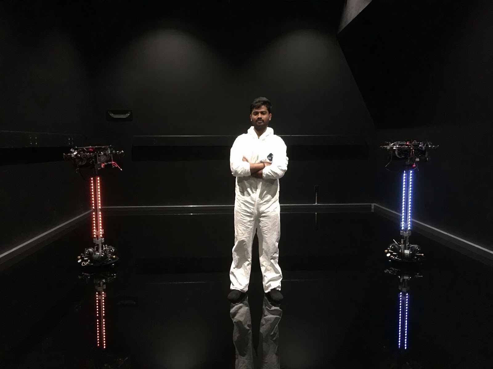 Yashwanth with the M-STAR (Multi-spacecraft Testbed for Autonomy Research) at the Aerospace Robotics and Controls Group at Caltech.