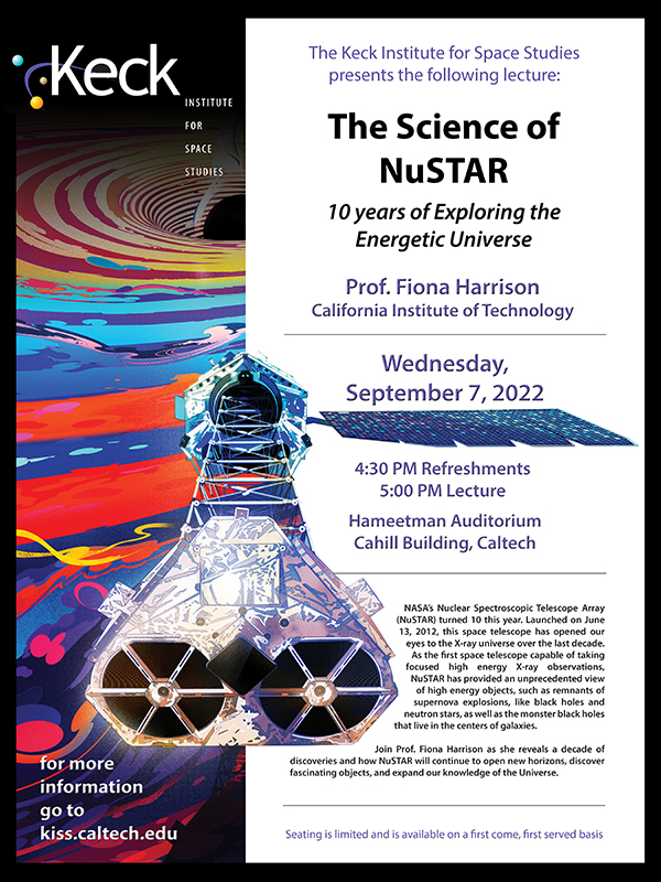 Image of Fiona Harrison Lecture Flyer displaying lecture information and NuSTAR illustration



