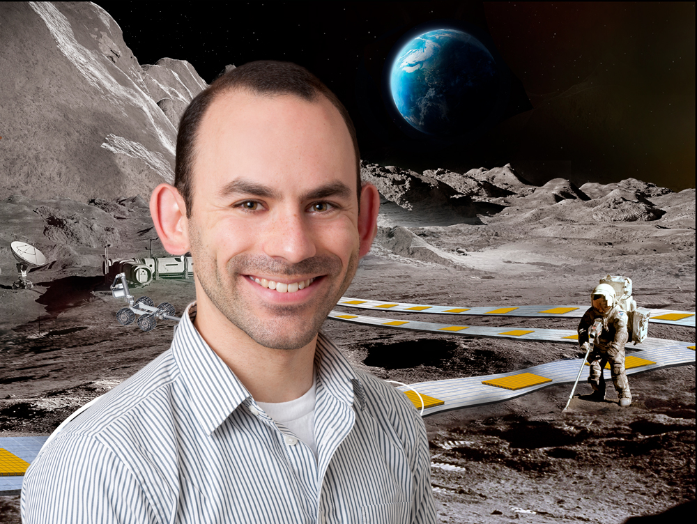 Photo of Ethan W. Schaler with lunar background and FLOAT lunar railway system