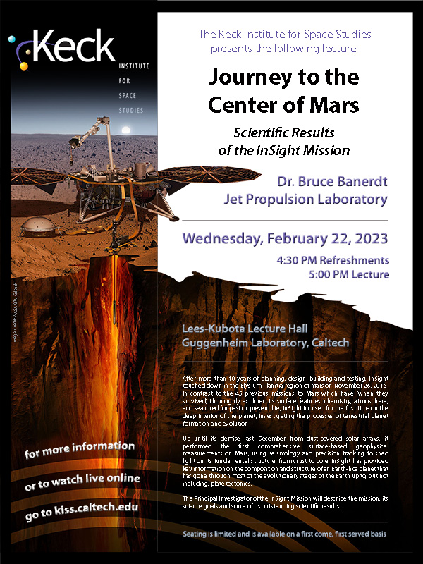 Image of Bruce Banerdt Lecture Flyer displaying lecture information and InSight lander illustration
																											   


