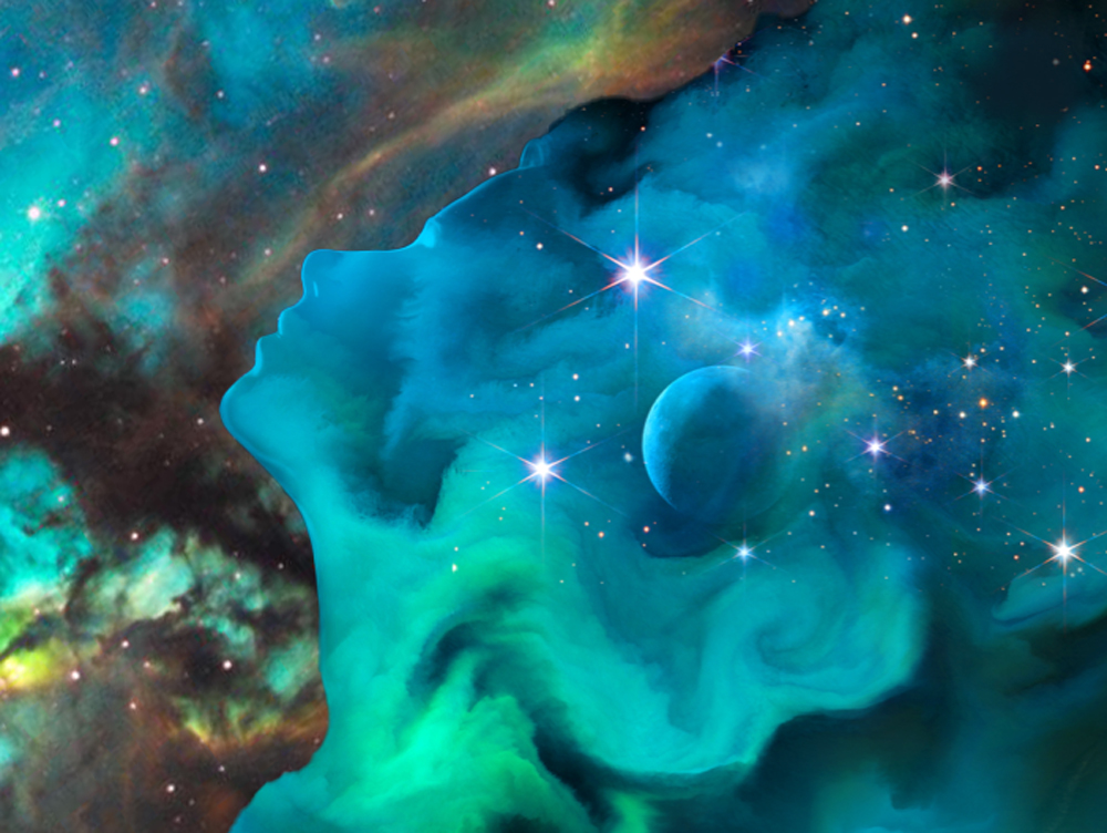 Cosmic nursery with human form in clouds