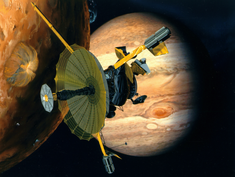 Galileo spacecraft in front of Jupiter
