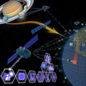 The image shows various spacecrafts and remote instruments communicating with planet Earth