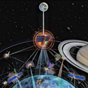 The image shows satellites in deep-space