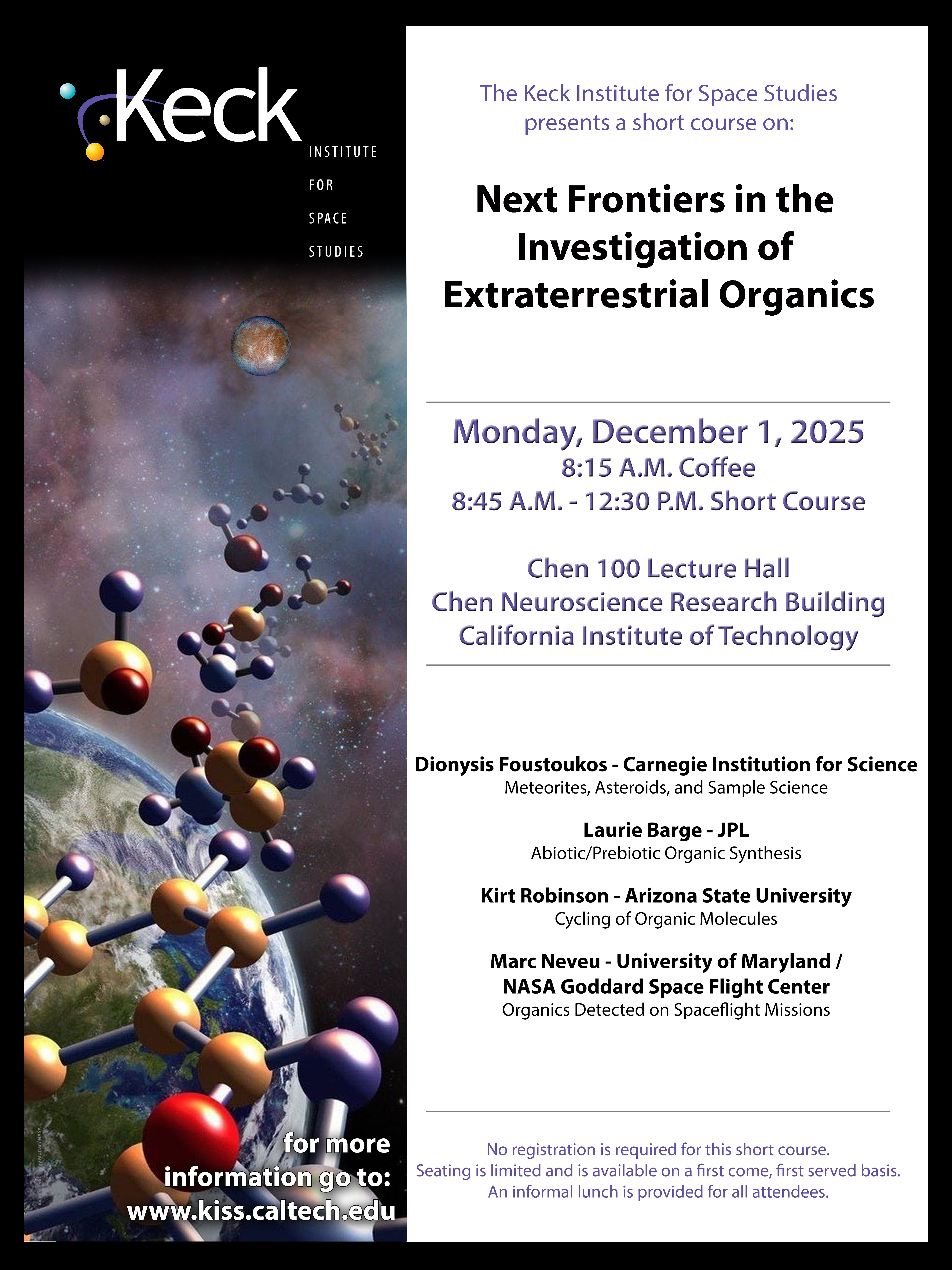 Next Frontiers in the Investigation of Extraterrestrial Organics  short course poster