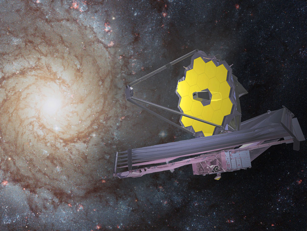 Rendition of JWST in front of a spiral galaxy