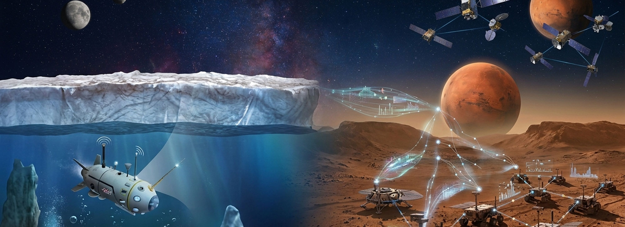 split iamge of aquatic robot under an icy shell and satellites above a rocky planet