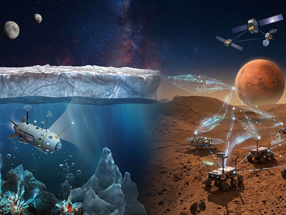 split iamge of aquatic robot under an icy shell and satellites above a rocky planet