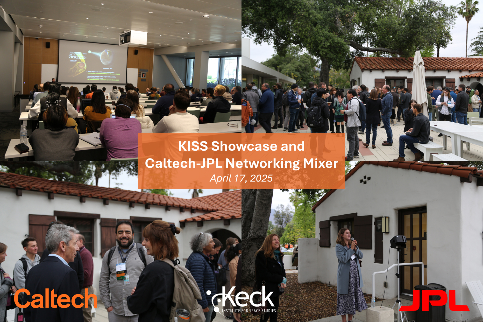 Summary montage showing photos of people discussing convivially in a courtyard and lecture hall