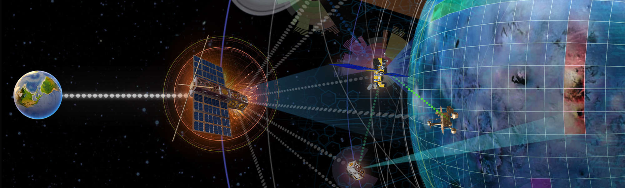 The image shows satellites in deep-space