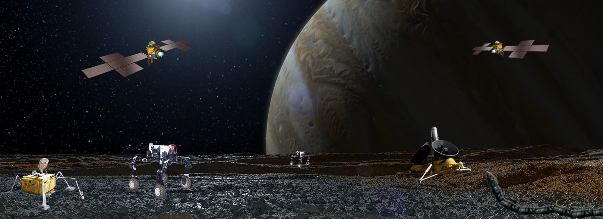 lunar surface with Jupiter background and orbiter