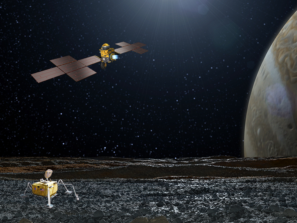 lunar surface with Jupiter background and orbiter